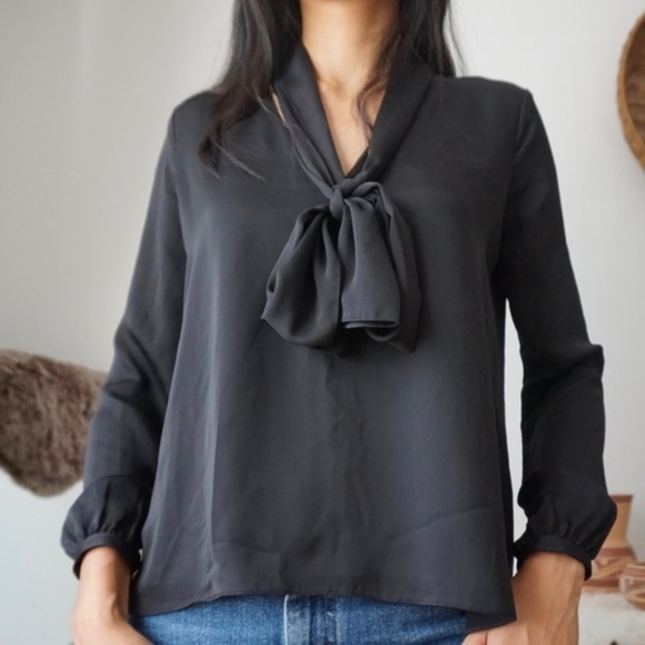 L'Academie Revolve 70's Blouse Neck Tie Black Long Sleeve Satin Size XS - Picture 3 of 14